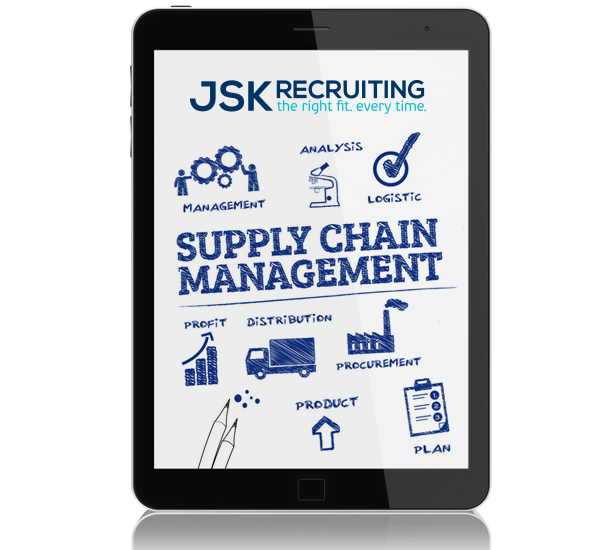 A tablet with the cover of a book on supply chain management, with illustrations of various aspects of supply chain management. Photo is watermarked with the JSK Recruiting logo.