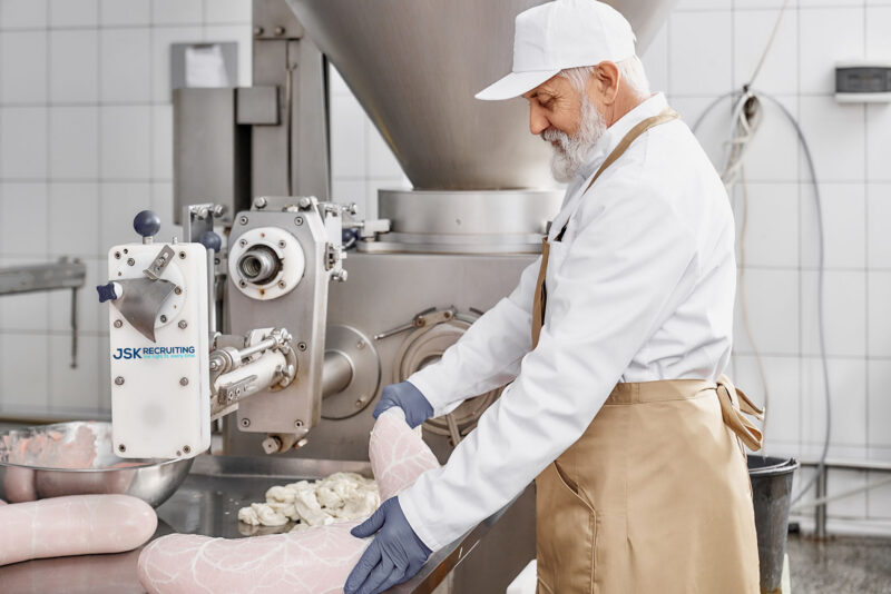 A man in an apron and hat is working on some food.