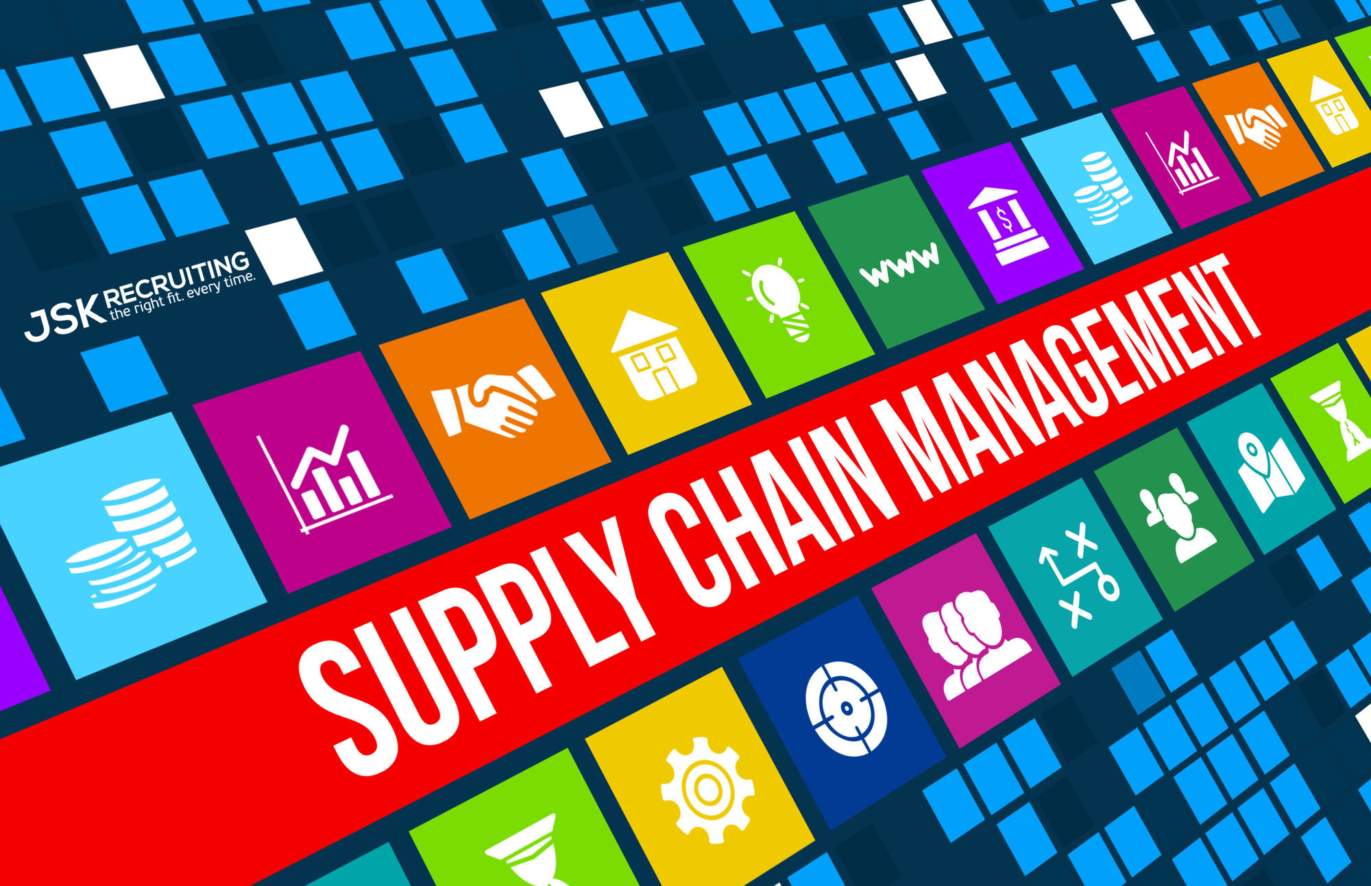 Colorful icons surround the words "SUPPLY CHAIN MANAGEMENT."